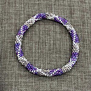 Seed Bead Bracelet Purple White Silver Slinky Bangle Woven Retro BoHo Soft Girl